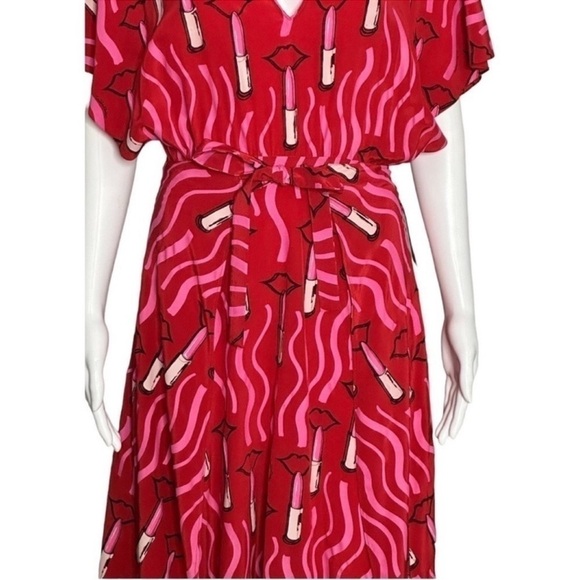 VALENTINO SILK Red Lips Lipstick Printed silk-crepe front wrap midi dress SIZE 4 - Picture 12 of 16